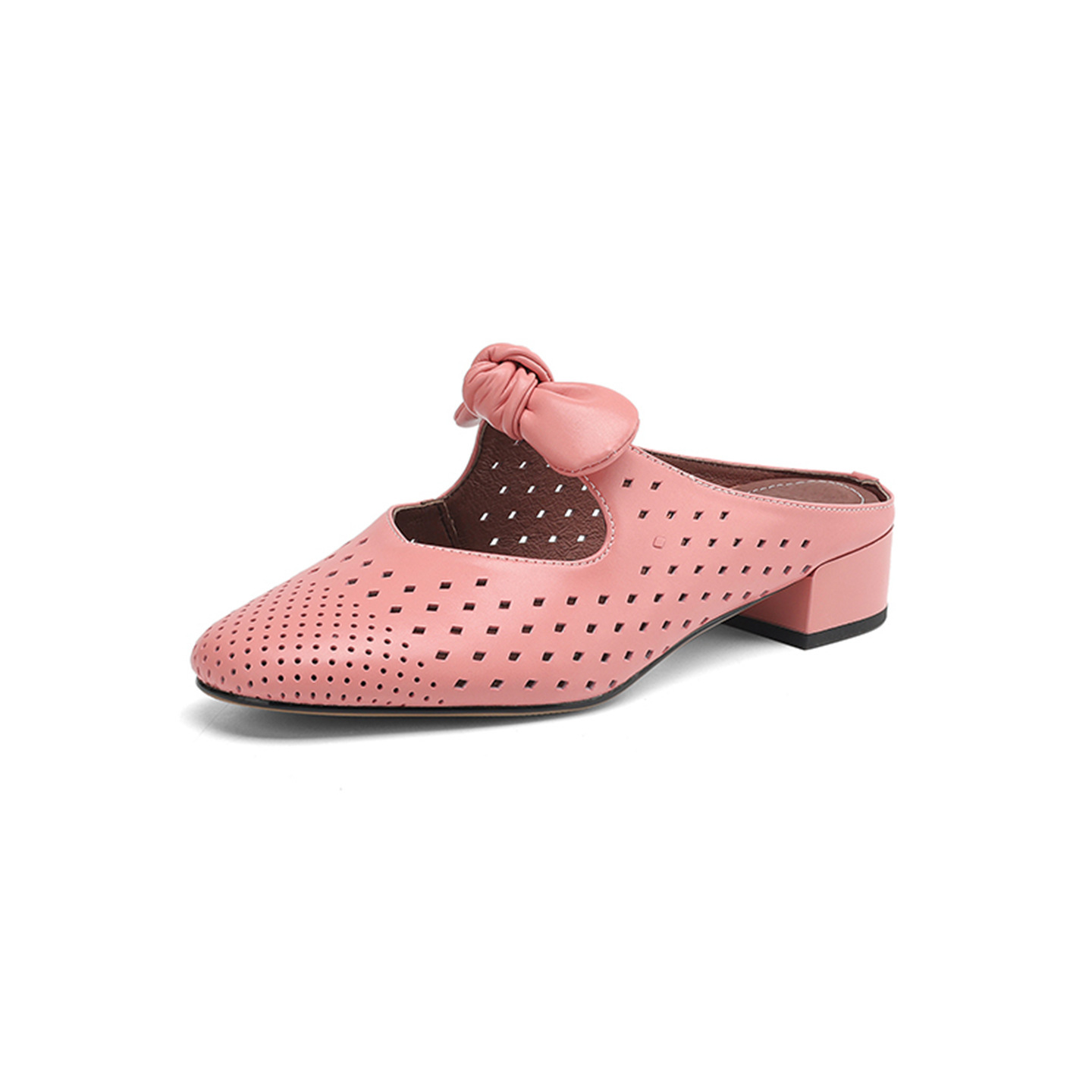 Dép sandal nữ da bò đục lỗ mũi kín quai hậu gót thấp — Màu hồng