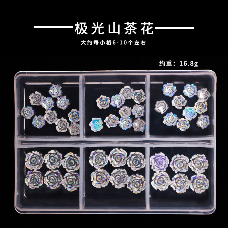 Joyas de manicura de resina híbrida japonesa 3D estereoscópica de cinco pétalos Aurora Xiangshan Camellia caja de 6 cuadros