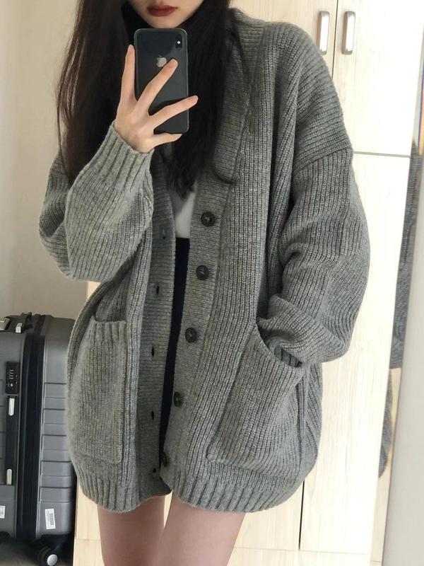 灰色中长款毛衣外套女秋秋外搭外穿慵懒复古奶系穿搭秋秋针织开衫|undefined