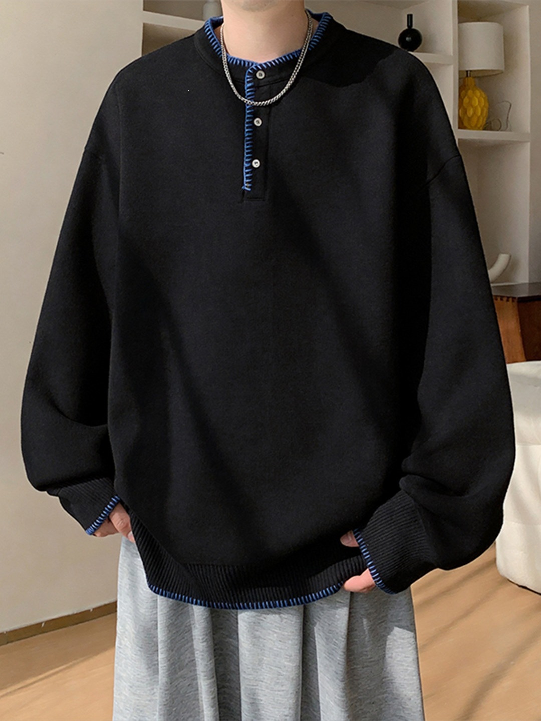 New style loose-fit hooded Henley jacket for 2026, trendy autumn collection, embroidered sweatshirt for teenagers, heavyweight top