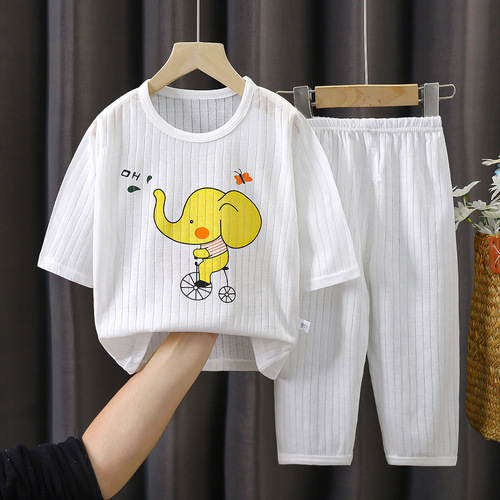  Summer Kids’ Pure Cotton Homewear Set: Boys’ and Girls’ Thin Pajamas with Breathable Three-Quarter Sleeves—Perfect for Baby’s Air-Conditioned Room Use