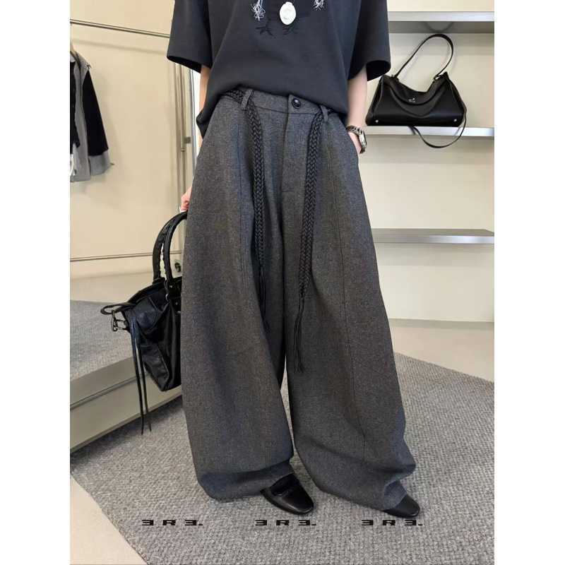 灰色羊毛呢西装阔腿裤女2025秋季新款高腰直筒拖地弯刀休闲裤|undefined