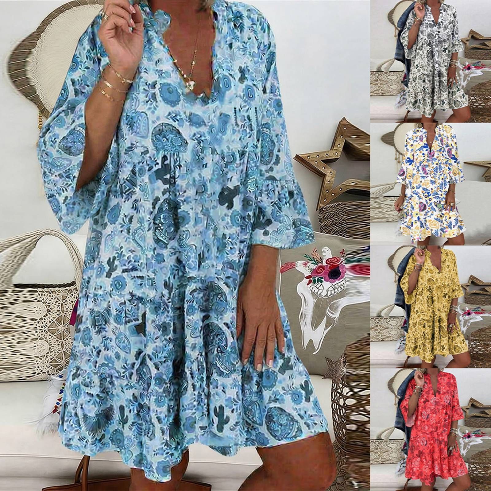 Popular Independent Brand Casual European and American Women's Fashion New Printed Three-Quarter Sleeve Dress with Flared Sleeves, Plus Size Loose Fit