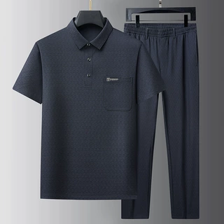 爸爸夏装套装冰丝POLO衫中年男夏季短袖T恤中老年人爷爷休闲衣服