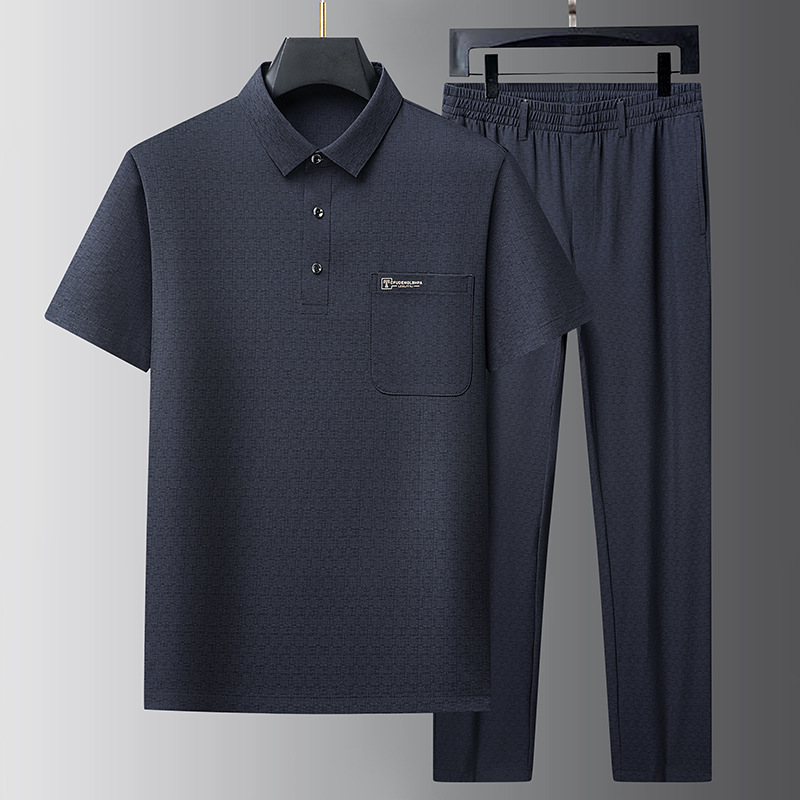 爸爸夏装套装冰丝POLO衫中年男夏季短袖T恤中老年人爷爷休闲衣服