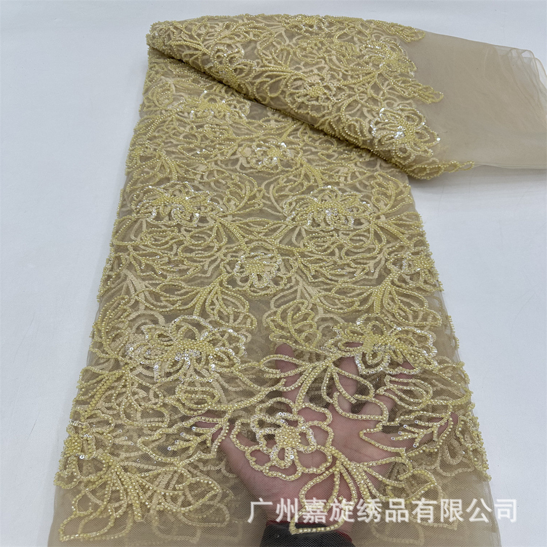 Lace de novia flor de oro completo tela de tubo de perlas de moda francesa vestido de novia vestido de malla encaje