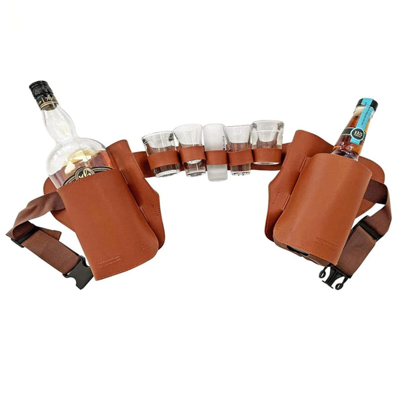 跨境户外挂腰式啤酒瓶收纳腰包 酒水饮料罐架多只酒杯皮革收纳袋