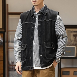 Large Size Men's Spring New Vintage Workwear Denim Vest Loose Plus Size Casual Denim Jacket Coat