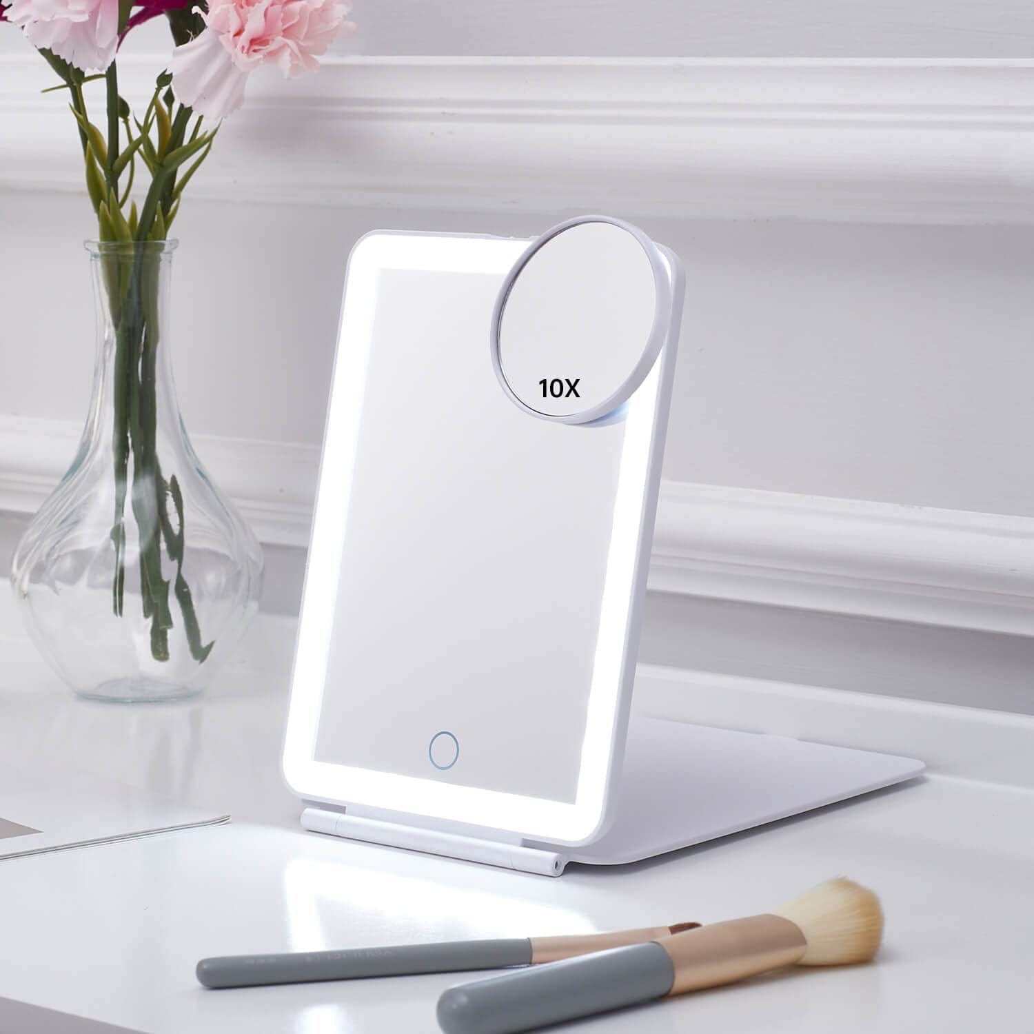 Espejo de maquillaje LED con luz de tres colores Espejo de maquillaje con luz Espejo táctil con atenuación infinita Espejo de maquillaje de belleza con tapa abatible Espejo de tocador portátil