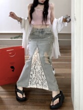 实拍实价  春款蕾丝拼接后开衩破洞 A字版 牛仔中长半身裙子