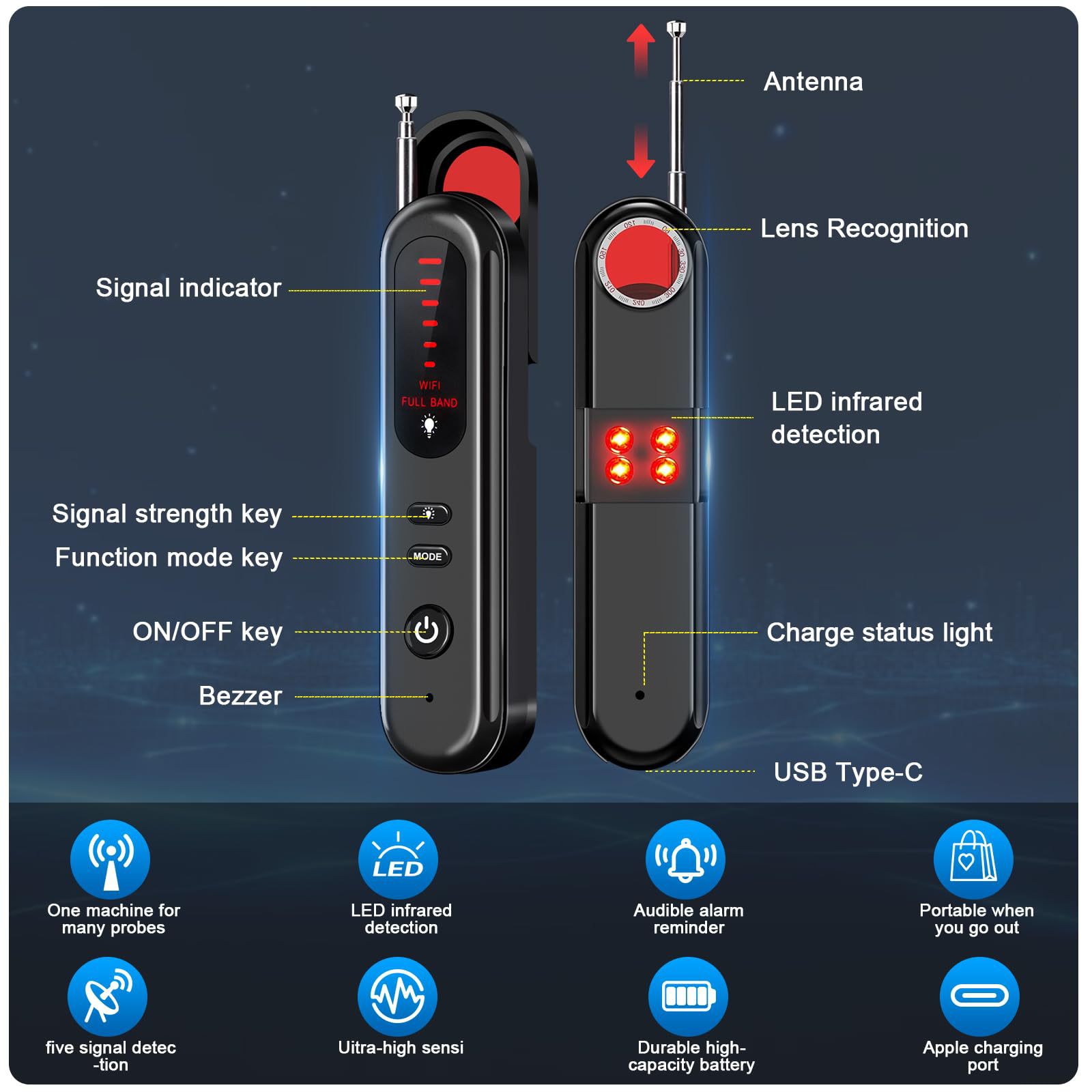 Detector de cámaras T01, detector para hoteles, antiespionaje, antiespionaje por microfones ocultos, antivigilancia, sensor inteligente, detector infrarrojo