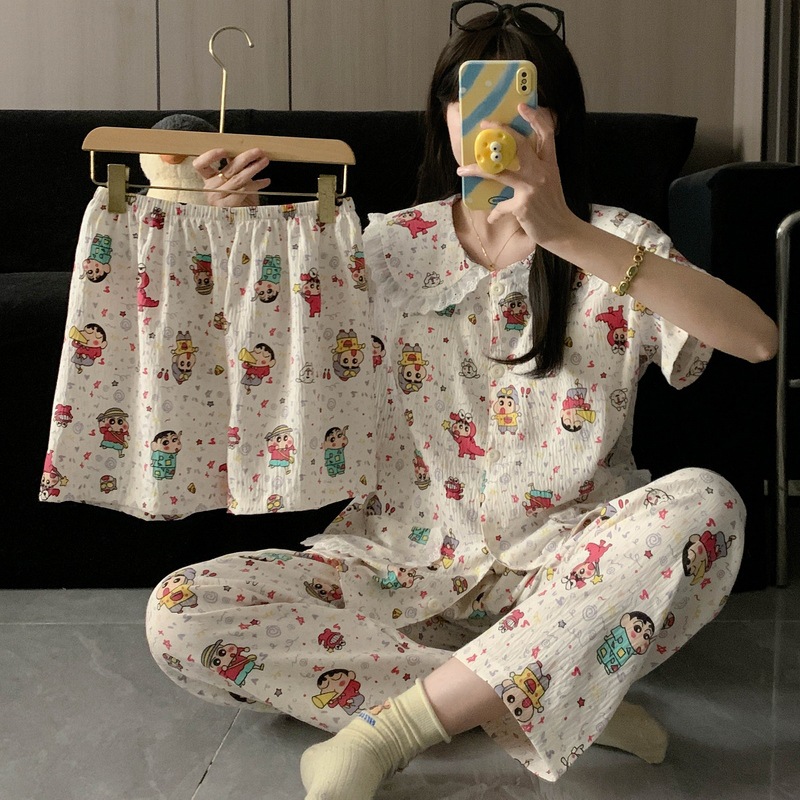 Crayon Shin-chan three-piece pajama set — full outfit on model
