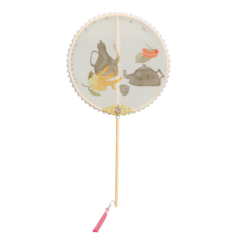 Ventilador de la cintura estilo antiguo hanfu ventilador de impresión al por mayor cheongsam ventilador de la cintura mango largo borla rizado ventilador colgante mango largo ventilador de bambú púrpura