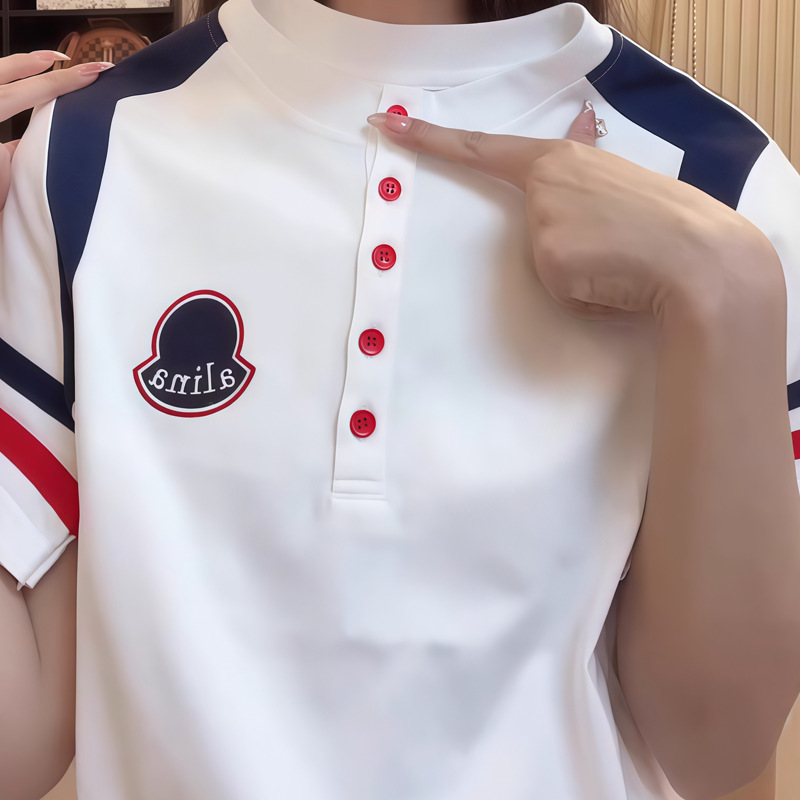 ピュアコットンハーフオープンカラーコントラストストライプ半袖Tシャツ女性用2025夏新作ルーズ韓国スタイルニッチカジュアルトップ|undefined