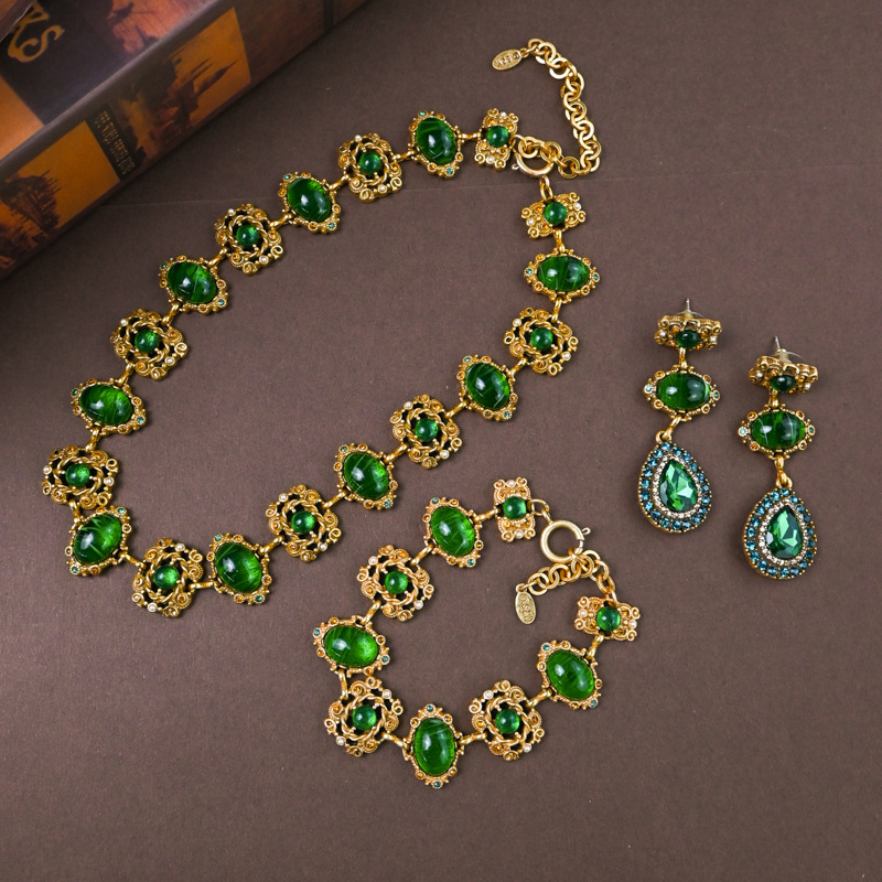 中古ヴィンテージアクセサリー銅メッキ真金緑瑠璃透かし彫りダイヤモンドネックレスブレスレット耳飾りセットレトロ|undefined