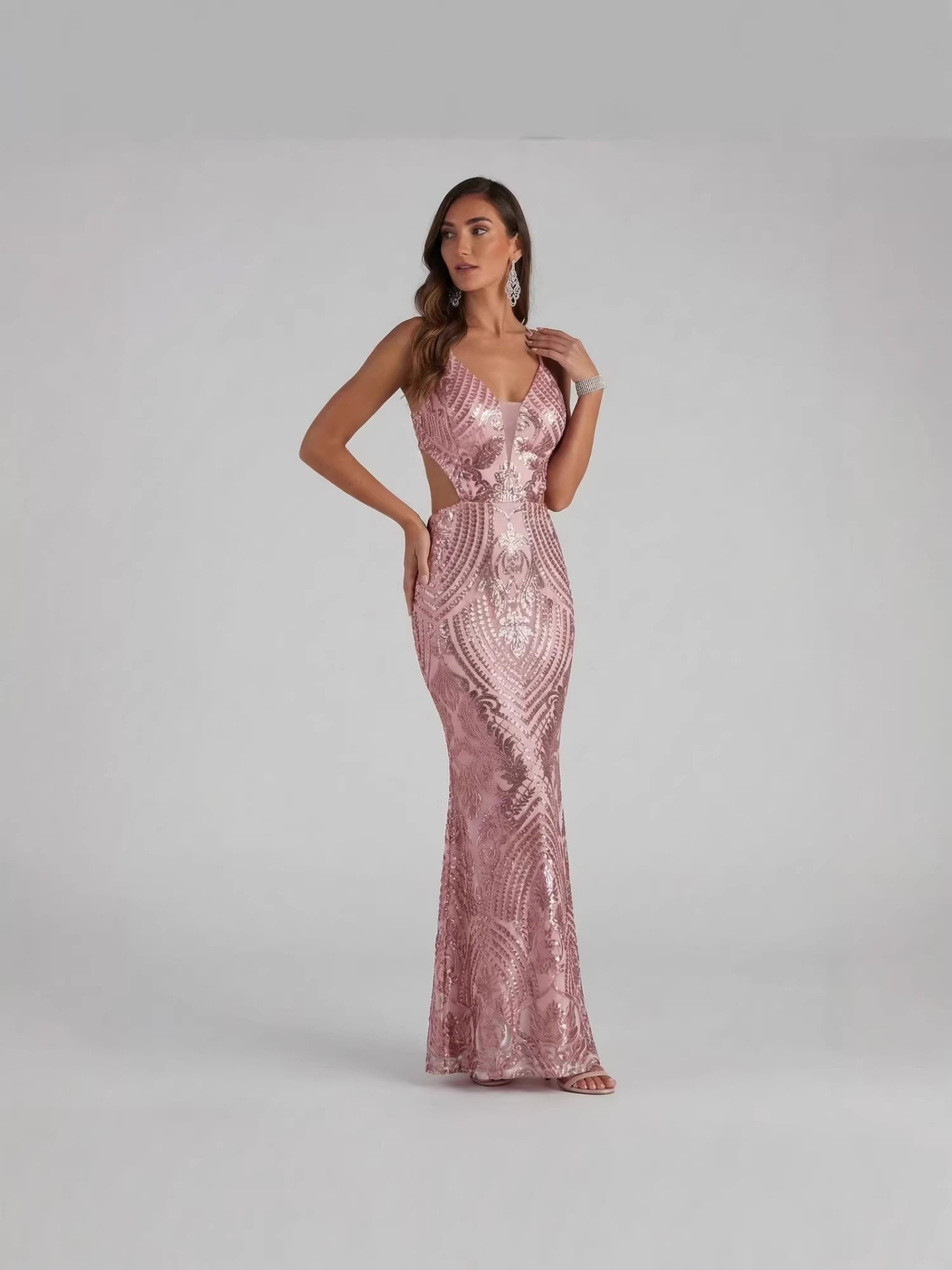 Vestido de Noche Sexy con Lentejuelas y Escote en V, Estilo Europeo y Americano, Elegante para Banquetes y Fiestas