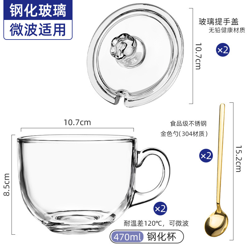 470ml防摔钢化杯（2只）+玻璃盖（2只）+金色勺子（2只）