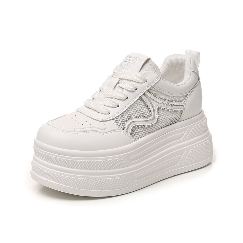 Giày sneaker nữ đế dày tăng chiều cao lưới thoáng khí phong cách thể thao — màu trắng