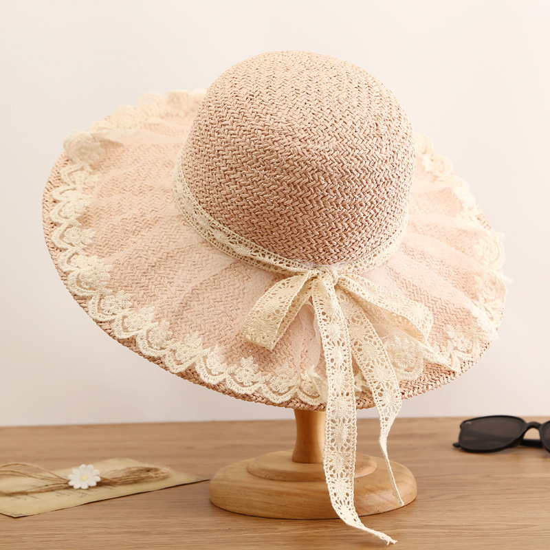 Khaki, Pink Color Simple Straw Hat Lace Bows Hat Female Sunshade French Ladies Top Hat