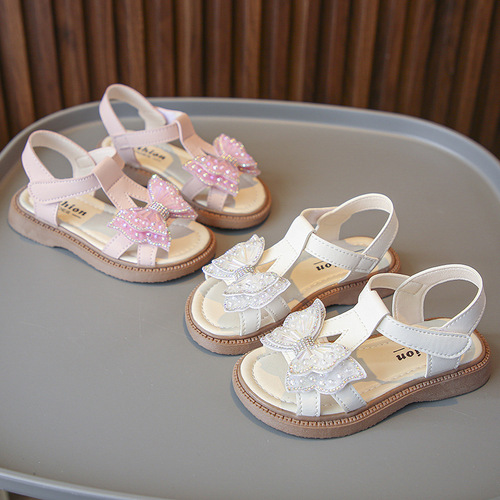 Girls Sandals Summer 2024 New Children's Princess Shoes Casual Bow Little Girls Soft Sole Anti-Slip Summer Style