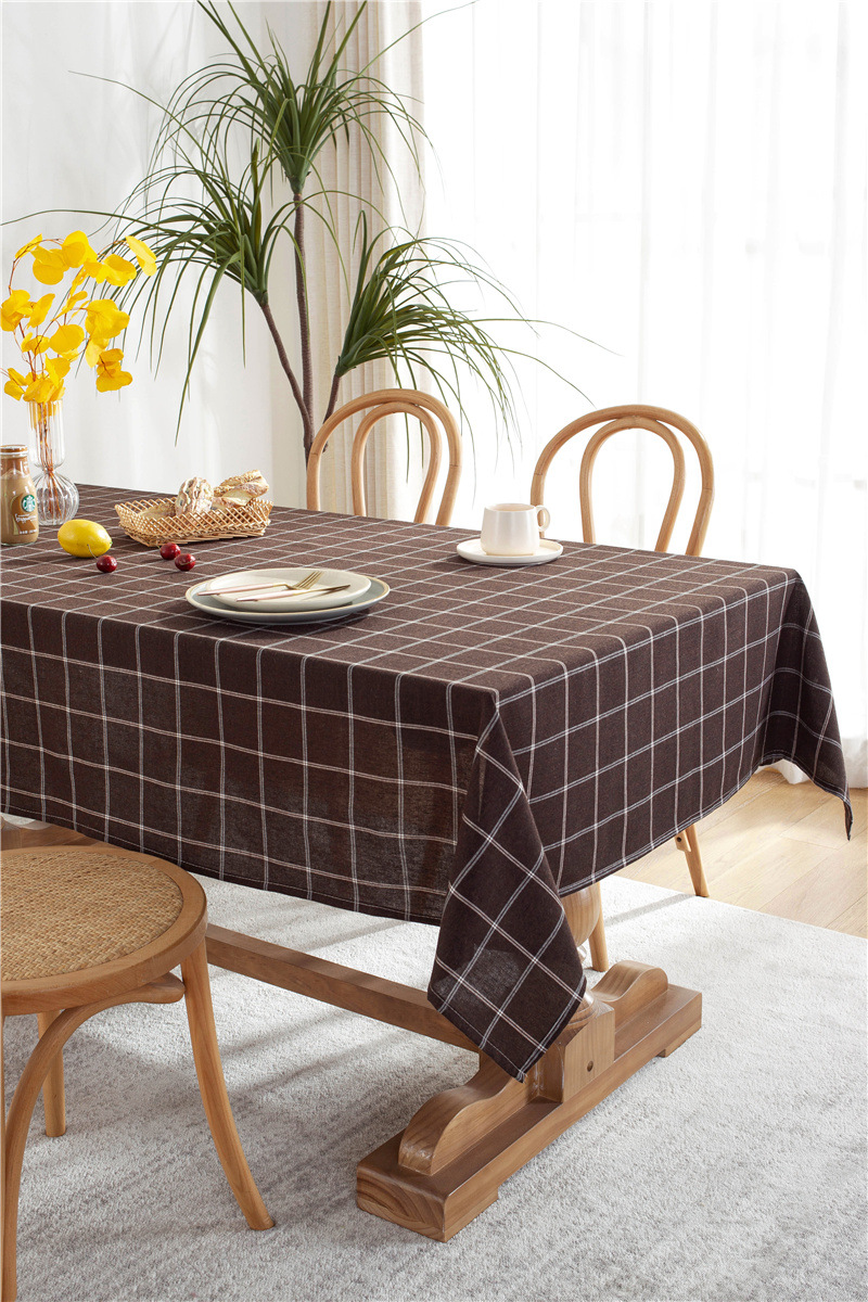 Tovaglia rettangolare geometrica a quadri a doppia linea in cotone-poliestere con bordo arrotolato, ideale per tavoli da pranzo e tavolini da caffè._voghion.com