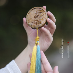 Green Sandalwood Classical Small Mirror with Lotus Carving, Vintage Wooden Tassel, Ancient Style Makeup Mirror, Portable Mini Wood Mirror