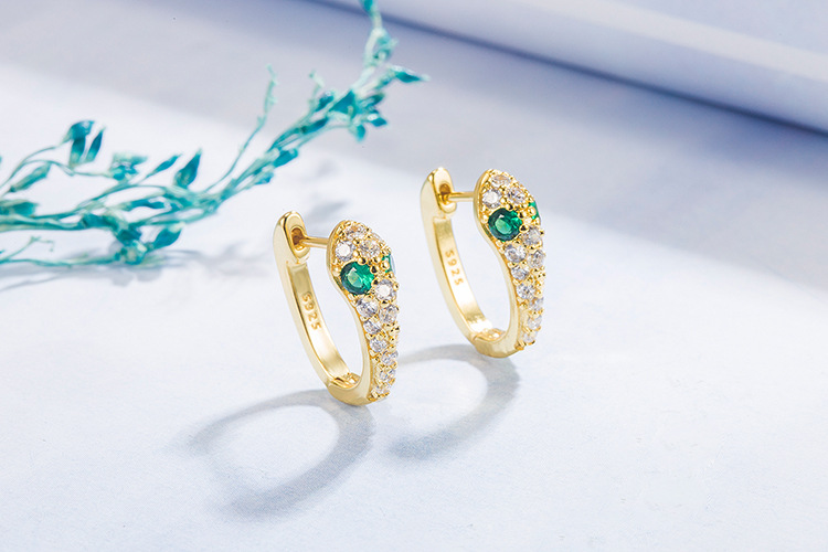fashion diamond emerald copper 14K gold snake earrings