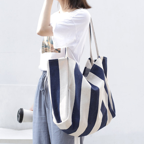 Korean style retro literary handbag, simple small fresh striped canvas bag, casual fashion large capacity shoulder bag for women