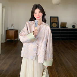 新中式风提花盘扣圆领拼接外套2025年春秋装新款复古别致上衣潮流
