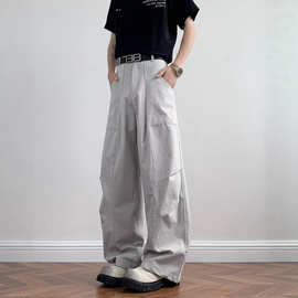 重磅纯棉设计感褶皱工装裤男春秋季新款美式复古显瘦休闲直筒长裤