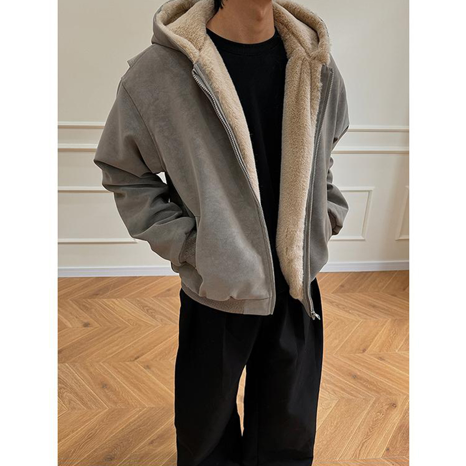 冬季新款男士连帽座山雕pu皮加绒加棉皮毛毛领棉衣外套设计感棉服