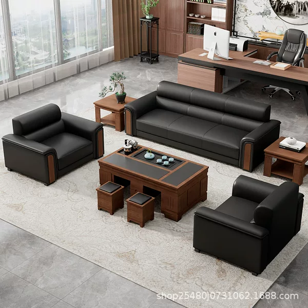 Office Sofa and Coffee Table Set, Simple Modern Business Reception and Rest Area, Manager's Room, Genuine Leather Three-Seater, Light Luxury