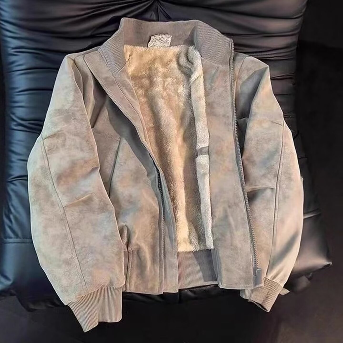 American-style fleece-lined PU leather tie-dye flight jacket cotton coat men's and women's winter coat short stand-up collar winter baseball uniform
