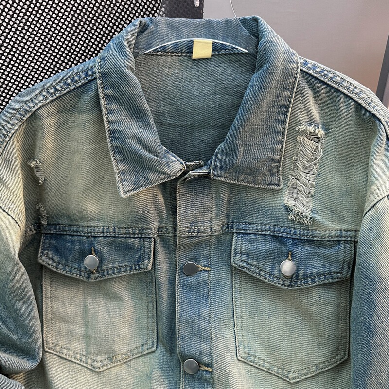 Vintage Washed Denim Jacket Autumn New American High Street Trendy Brand Distressed Couple Casual Workwear Jacket