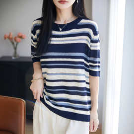 蓝色条纹针织衫减龄半袖T恤女夏季新款大码胖mm宽松遮肚休闲上衣