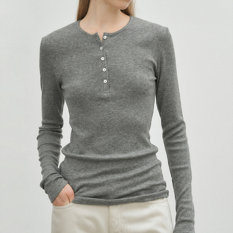 Henley Collar Long-Sleeve T-Shirt for Women 2026 Spring/Summer New Slim Fit Ribbed Pullover Base Layer Top