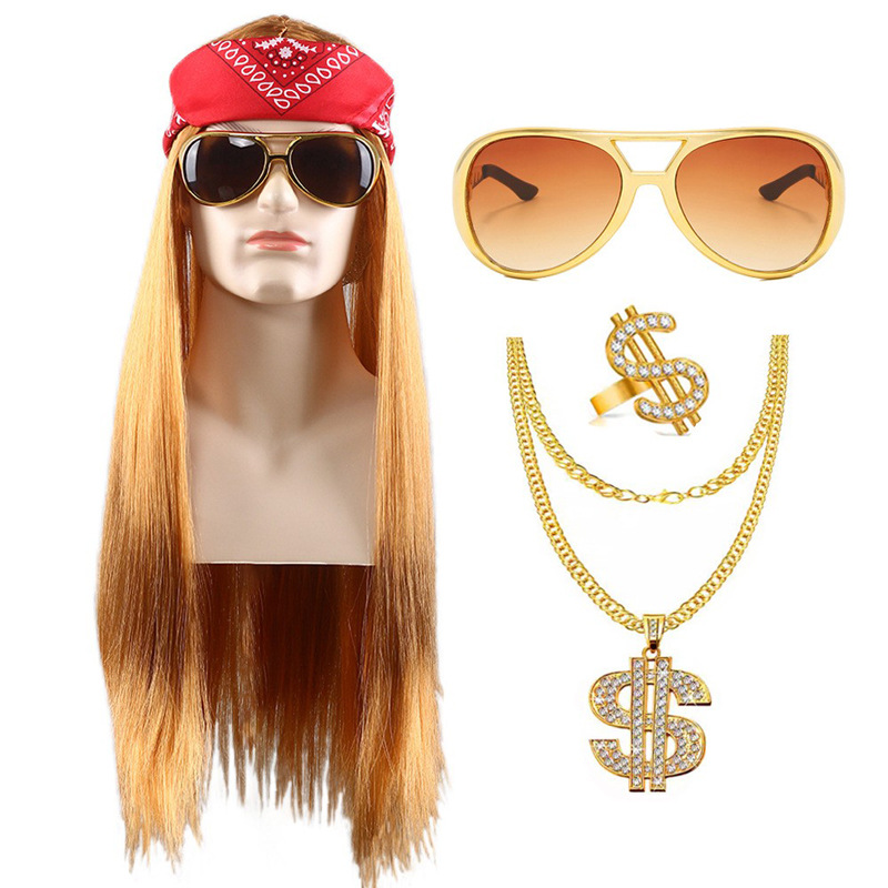 Brown straight hair + black leg tea slices + movable ring + dollar necklace