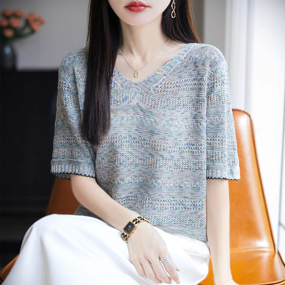 2025 Summer French Round Neck Colorful Yarn Knitwear Short-Sleeved T-Shirt Women's Thin Loose Slimming Look Top Half-Sleeved Fine-Spun Shirt