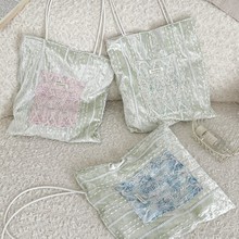 49184 新款蕾丝拼接天鹅绒丝绸感帆布包大容量通勤少女手提单肩包