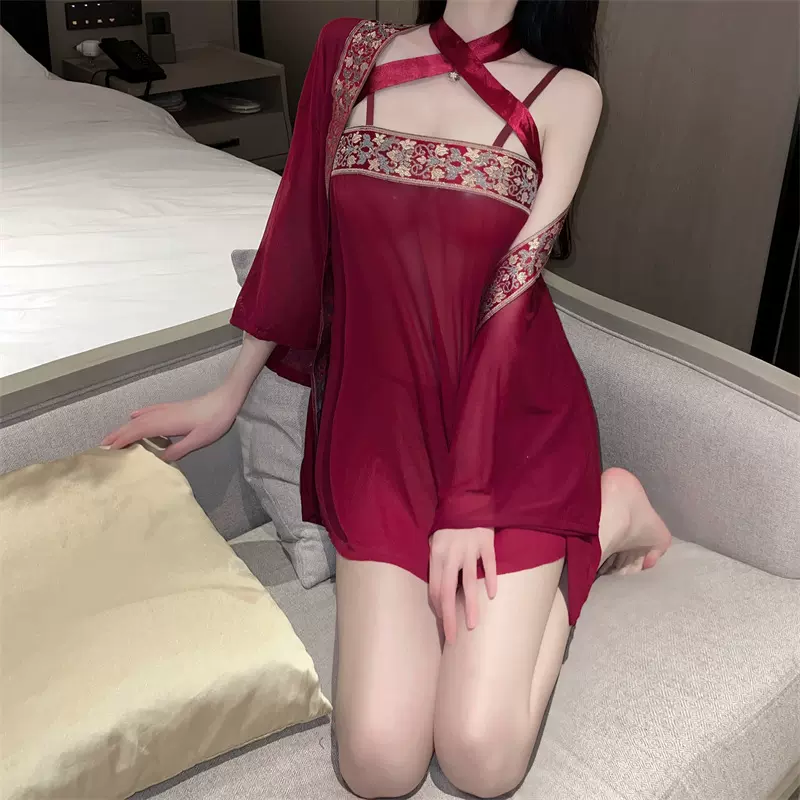 情趣内衣性感三件套制服套装透视柔纱古风红抹胸裙外罩衫汉服唐装