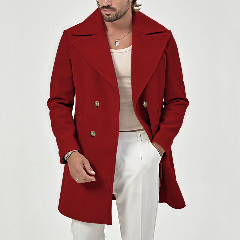 Men's suit collar medium length men's casual solid color versatile windbreaker coat_voghion.com