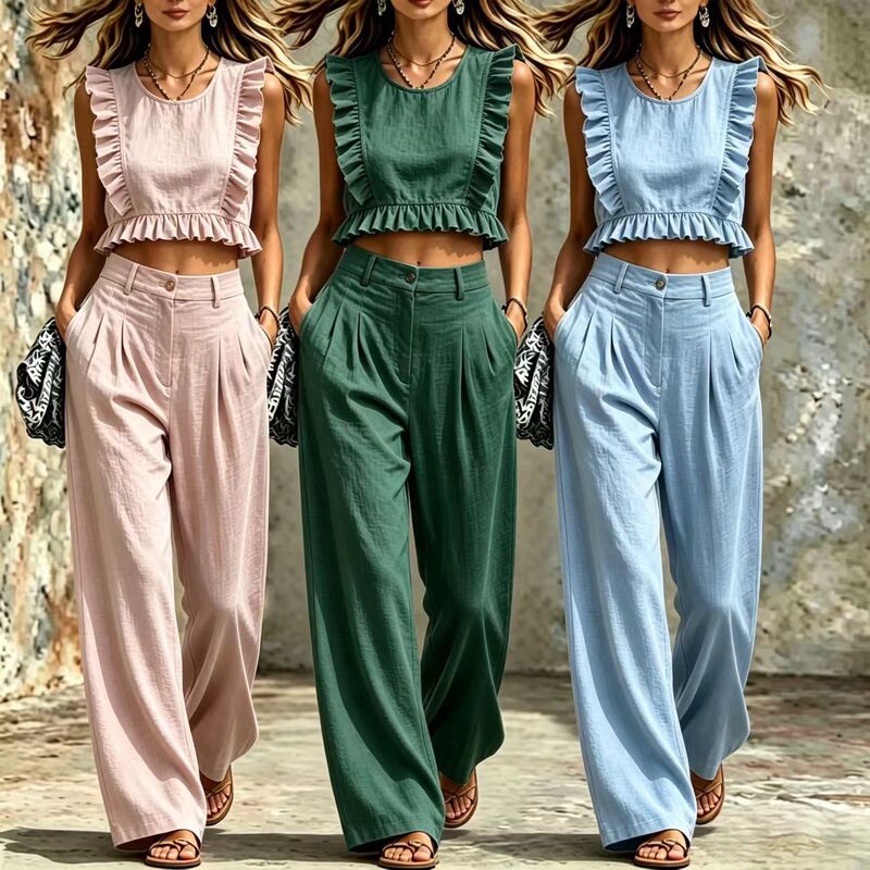 European and American Cross-Border Summer Women's Clothing, Light Blue Linen Ruffled Sleeveless Top and Straight-Leg Pants Two-Piece Set for Women