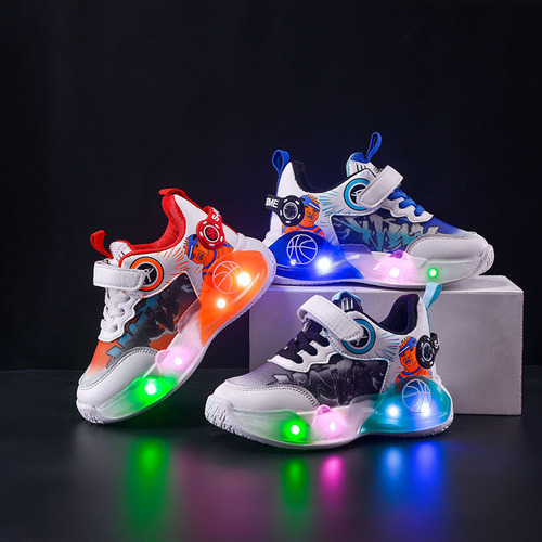 Children's LED Light-Up Sneakers for Spring and Autumn, Net Fabric Breathable Basketball Sports Casual Shoes for Young Children