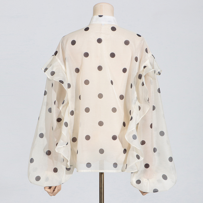 Australian Show Polka Dot Set Women Trendy Scarf Collar Ruffled Shirt Top Long Skirt Sets