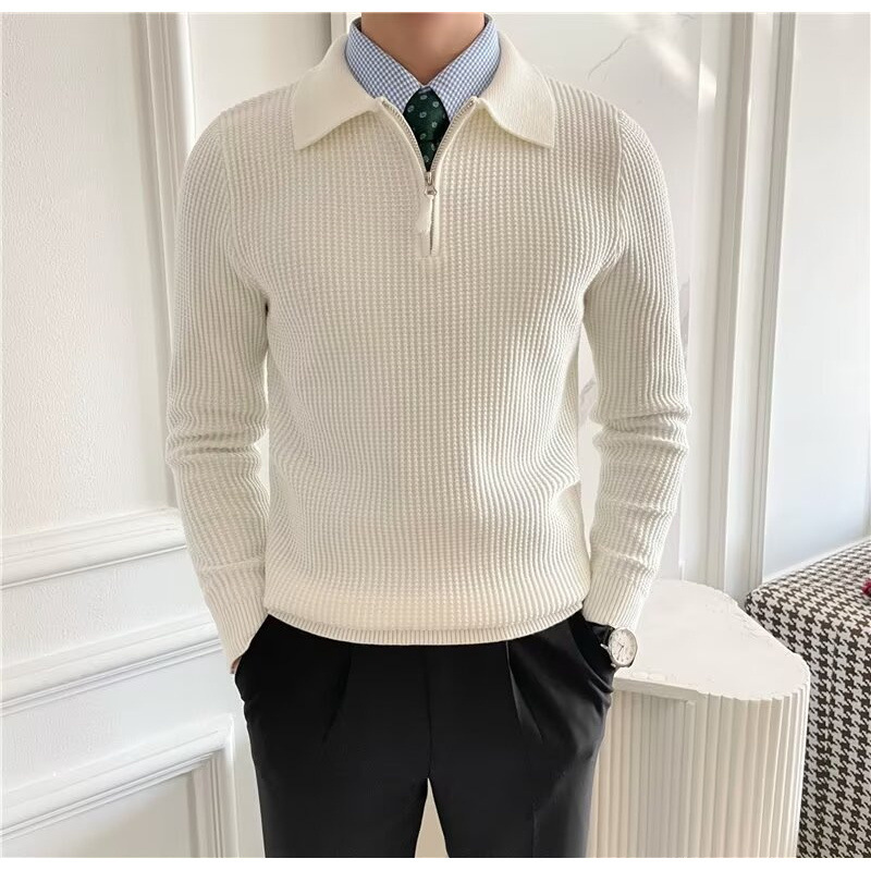 British Men's Long-Sleeved Half-Zip Polo Neck Sweater Pullover Waffle Fabric Slim-Fit Solid Color Sweater Sweater Sweater