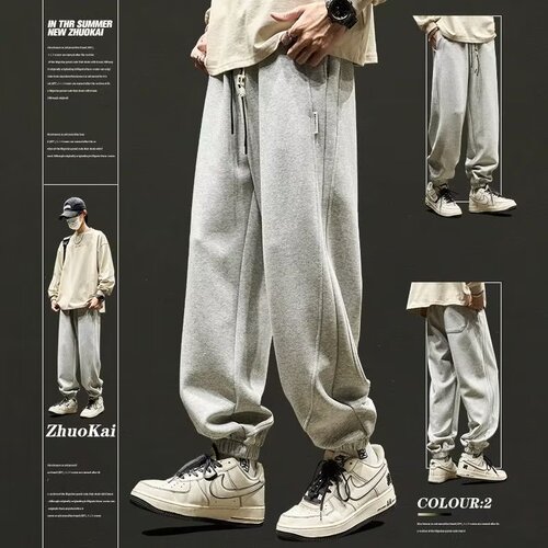 Grey men's spring and autumn loose tie-down pants American streetwear brand long pants sports pants men's autumn casual pants