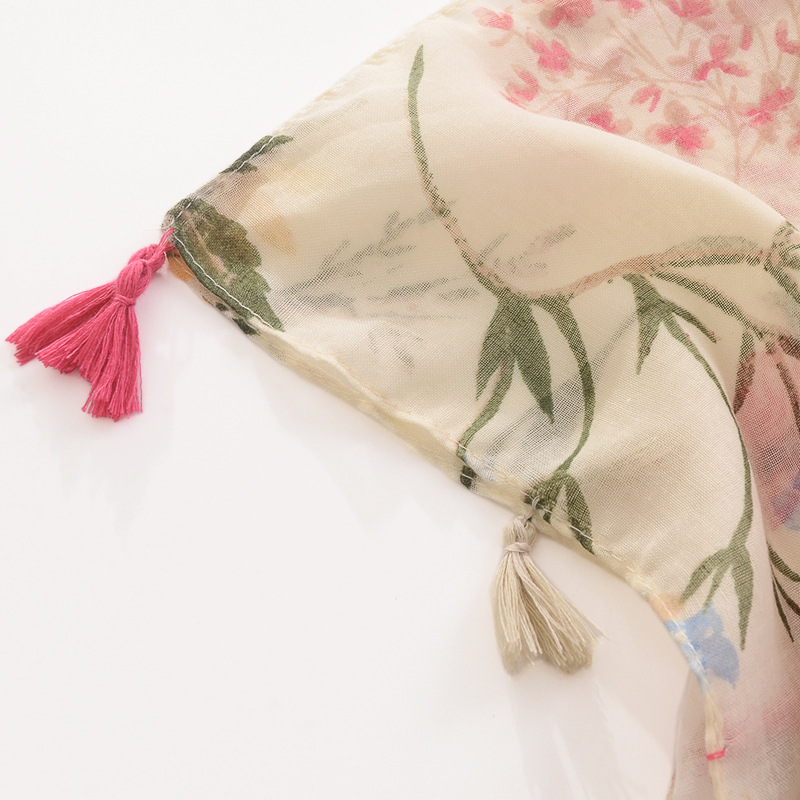 Transfronterizo caliente venta fresca impresa bufanda larga de doble uso chal beige floral algodón y lino de las mujeres sienten la bufanda
