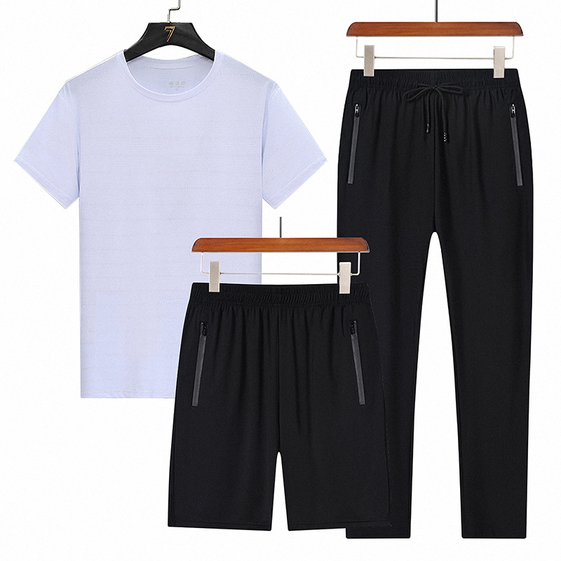 Trajes deportivos de verano transfronterizos de seda de hielo para hombres, camisetas de manga corta, pantalones cortos de tres piezas casuales para hombres