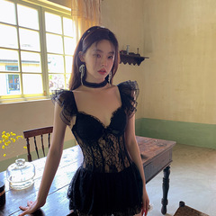 2024 Cross-Border Exclusive Lace See-Through One-Piece Tummy-Smoothing, Sexy Mesh Slim-Fit Backless Spa Swimsuit for Women