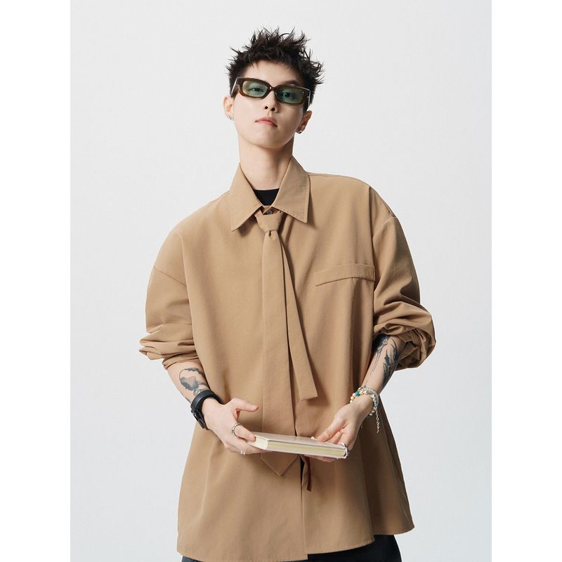 Cleanfit Angora Red Tie Shirt Men's Plus Size Loose Trendy Niche Design Handsome Long-Sleeved Shirt